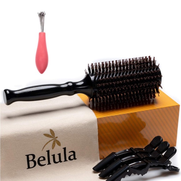 Belula 100% soft boar bristle round brush Large 2.4" wooden barrel 3 clips New - Picture 2 of 2